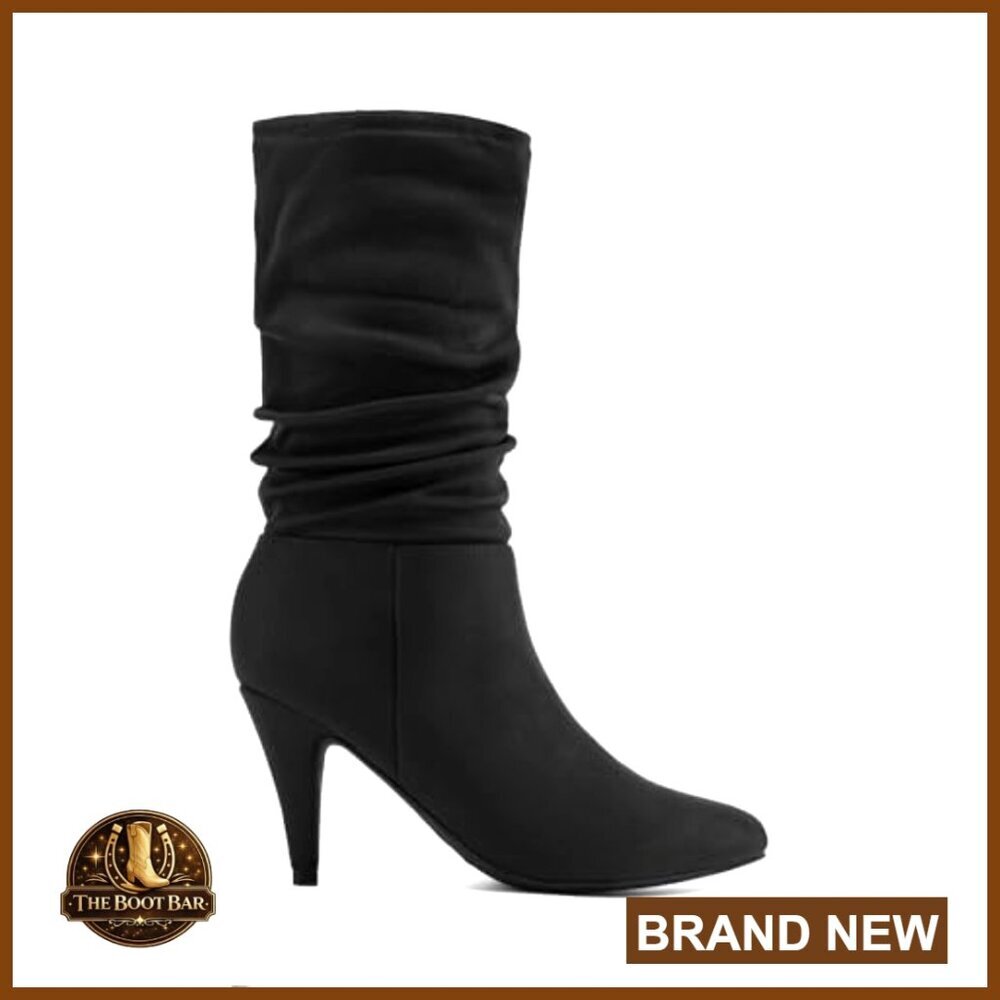 Slouchy Mid Calf Boots Pointed Toe Stiletto Heels Faux Suede Fall Winter - Picture 3 of 7